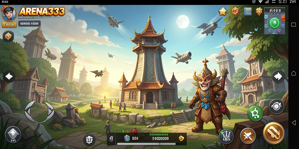 Screenshot utama ARENA333 dengan aksi menara pertahanan yang mendebarkan.